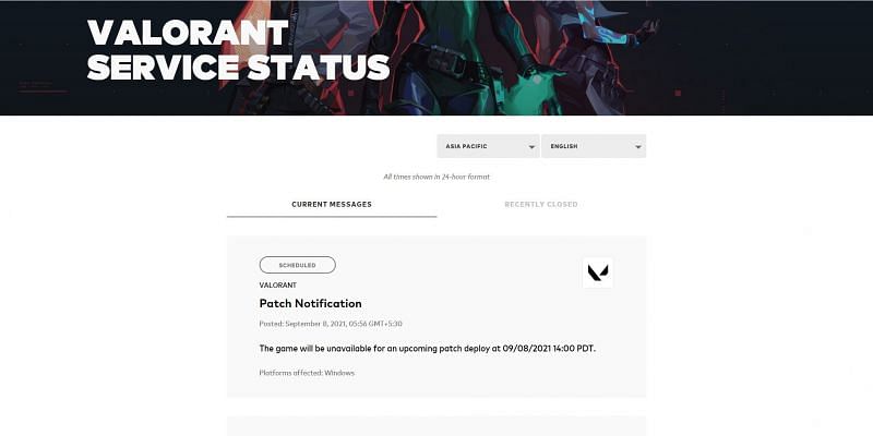 The official patch notification (Image via Valorant’s Service Status)